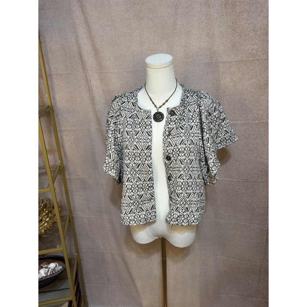 Parfois Collection Geometric Tribal Woven‎ Puff Sleeve Jacket Black Cream OS